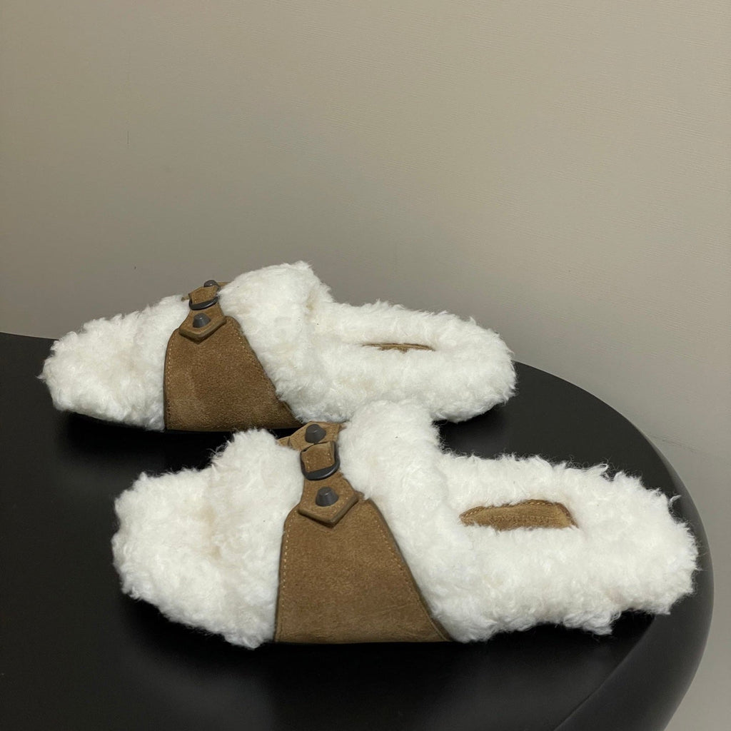 Balenciaga Classic Buckle Slippers White Brown Wool 535029