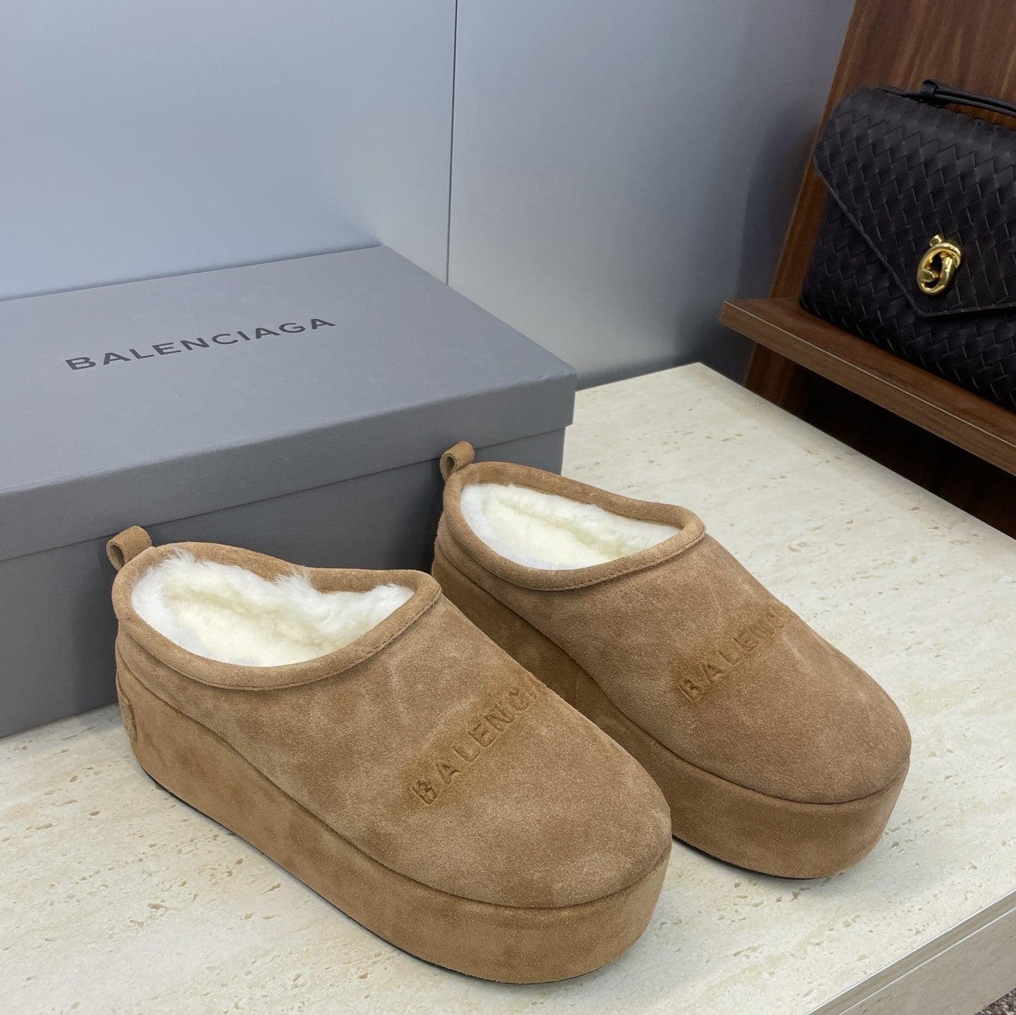 Balenciaga Alaska Slide Brown White Suede Fur 551897