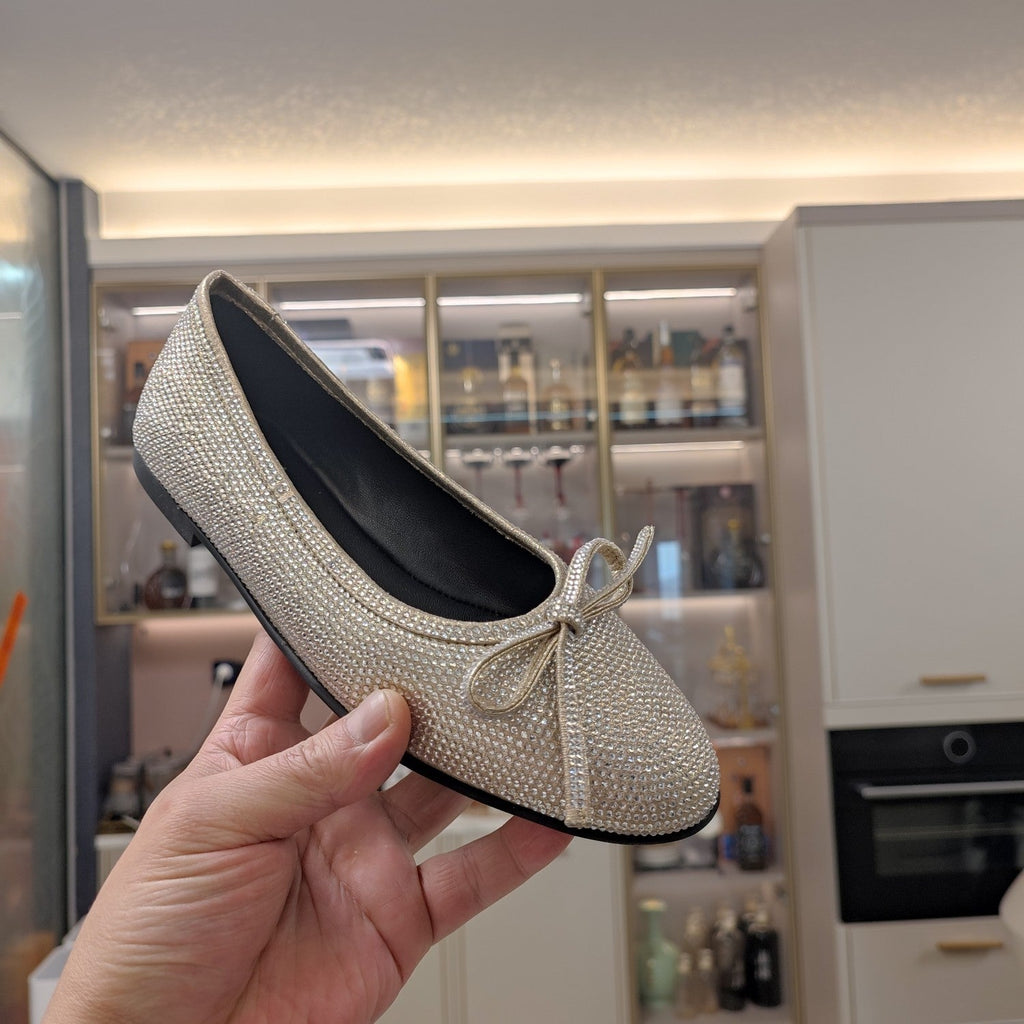 Balen 25 bow ballet flat attached rhinestones in gold metallic calfskin 184485